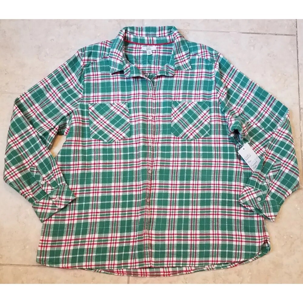 Croft & Barrow‎ Women Long Sleeve Flannel Shirt Green Red Plaid sz XXL NEW